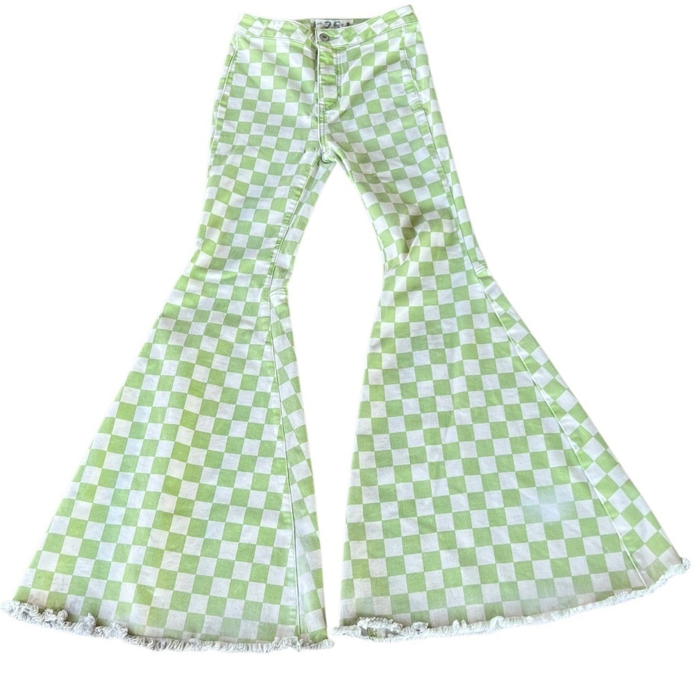 Free People Just Float On Flares Neon Green Checkerboard Bellbottom Jeans Sz 25 - Picture 4 of 15